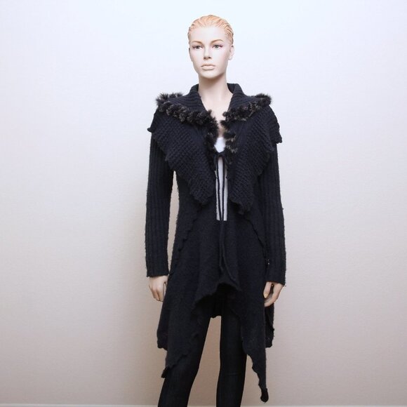 Cecice Faux Fur Tie Open Drape Cardigan Blue Women Size L - Picture 2 of 10